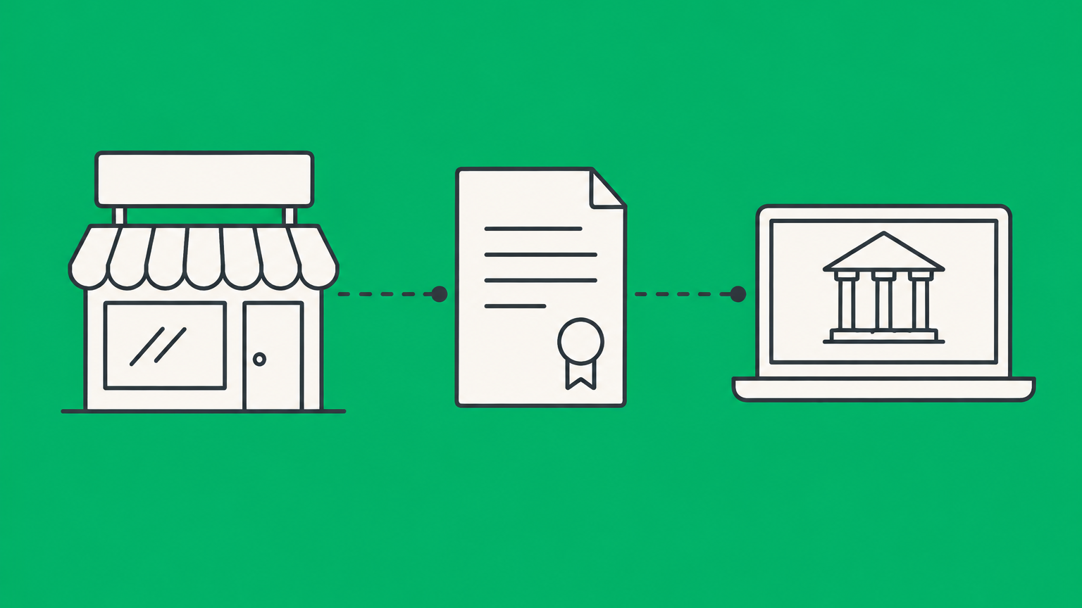 Flat illustration of a storefront nameplate linked to a business document and filing portal for Virginia DBA registration.
