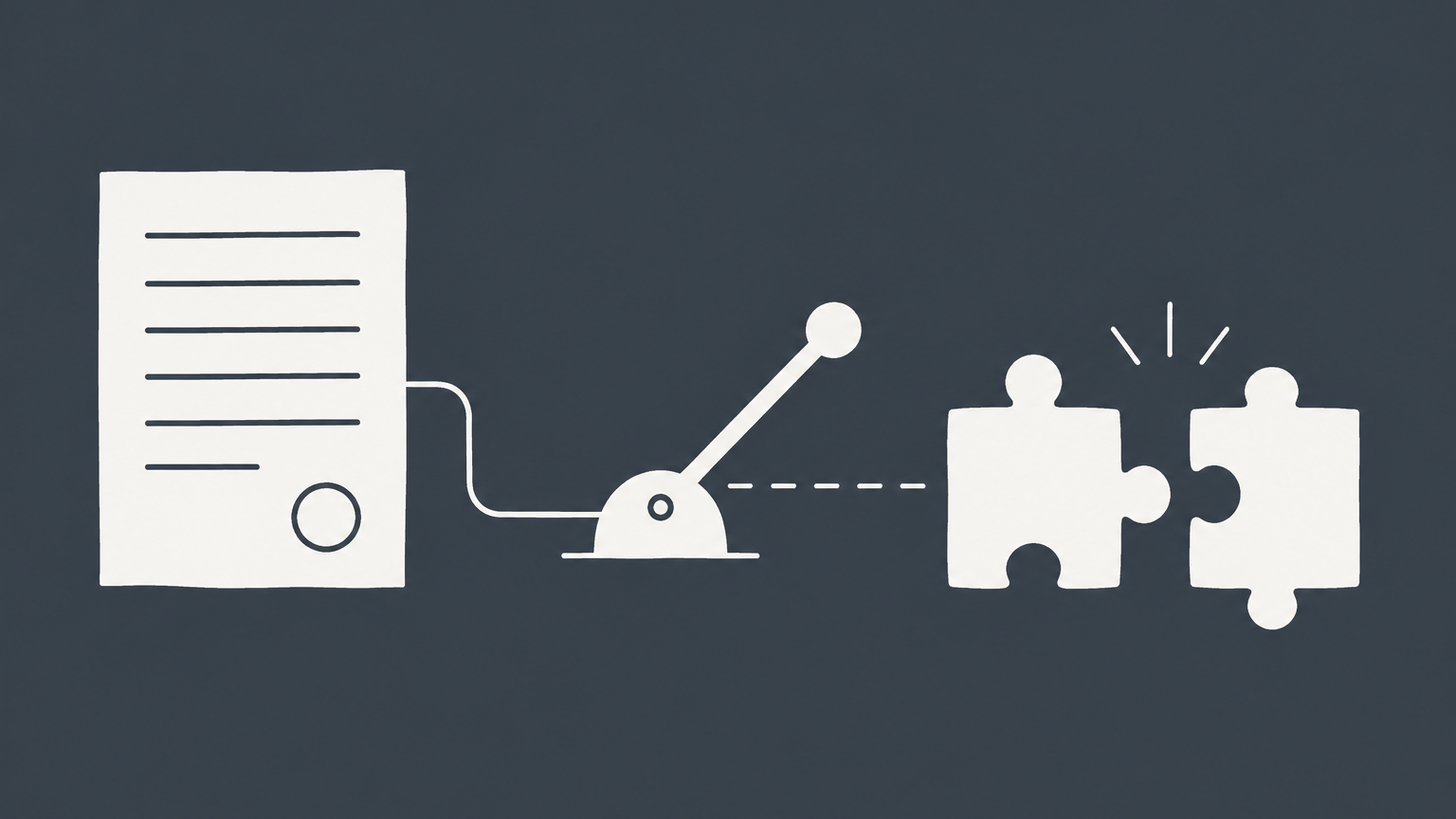 Flat illustration of a contract sheet, a single control lever, and separated puzzle pieces representing a potestative condition.