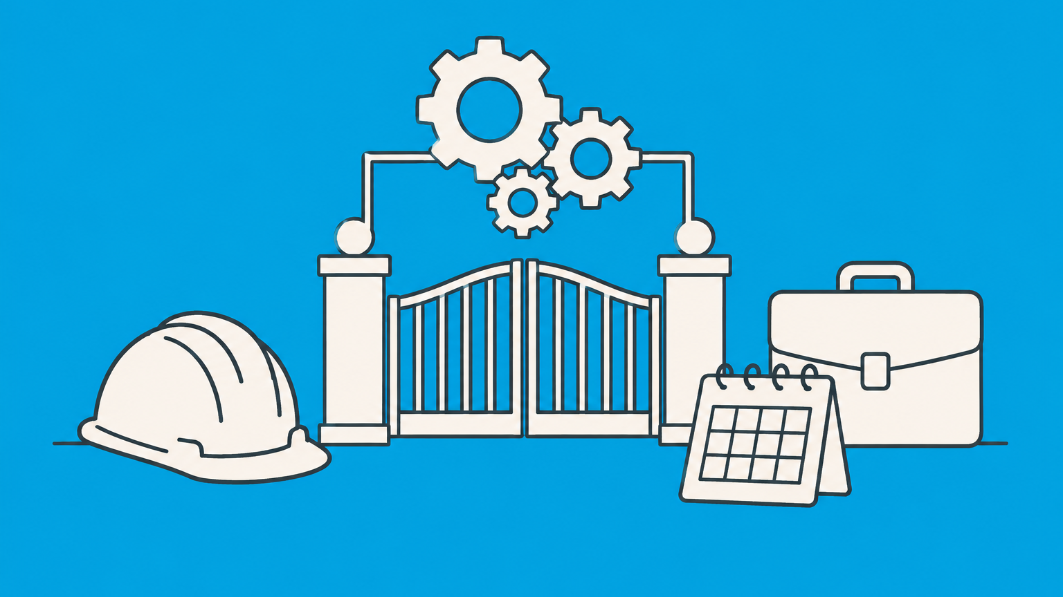 Flat illustration of a factory gate, hard hat, briefcase, gears, and calendar representing the Taft-Hartley Act and labor relations.