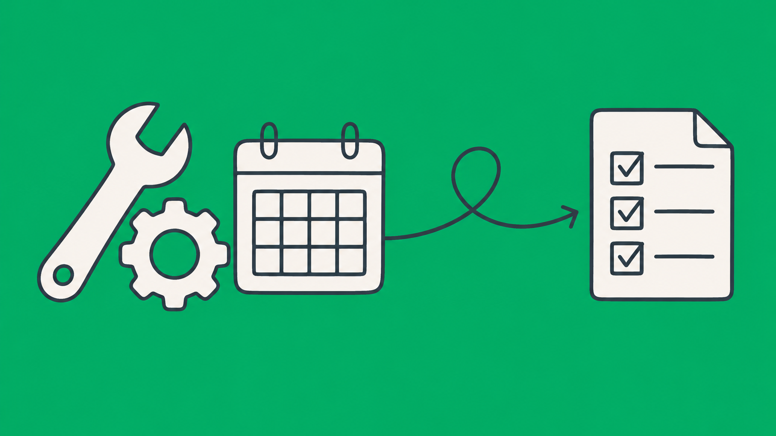 Flat illustration of a wrench, gear, calendar, and checked document representing a maintenance agreement.