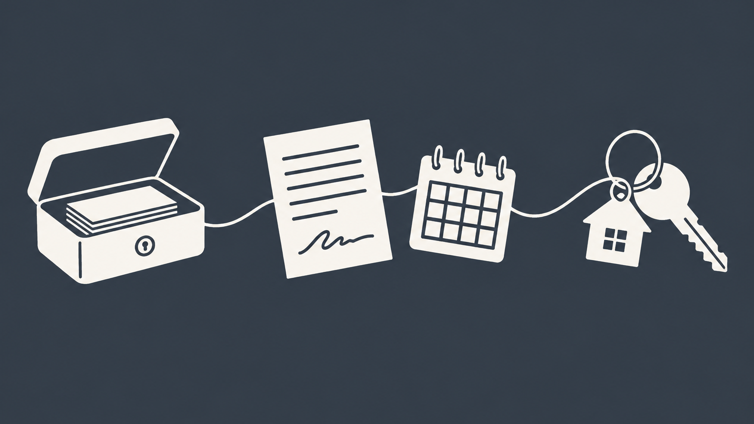 Flat illustration of a business cash box, promissory note, repayment calendar, and house key representing borrowing money from a business.