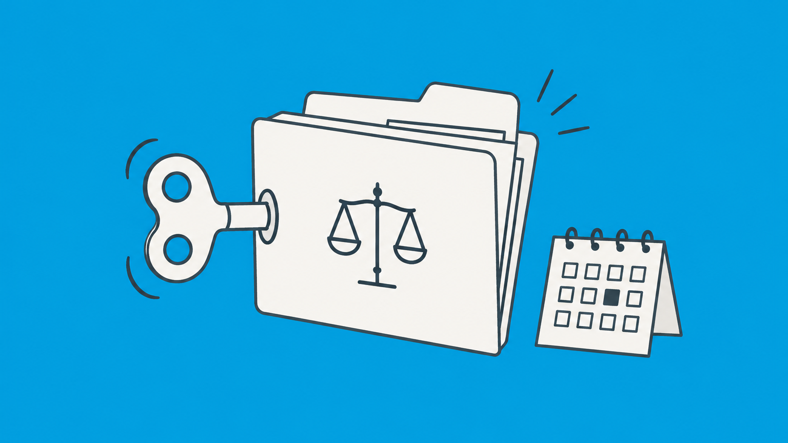 Flat illustration of a winding key reopening a court case folder beside a calendar to represent scire facias and judgment revival.