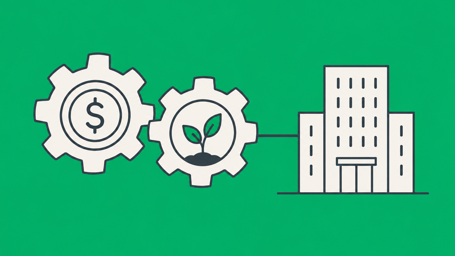 Flat illustration of coin and sprout gears powering an office building to represent a public benefit corporation.