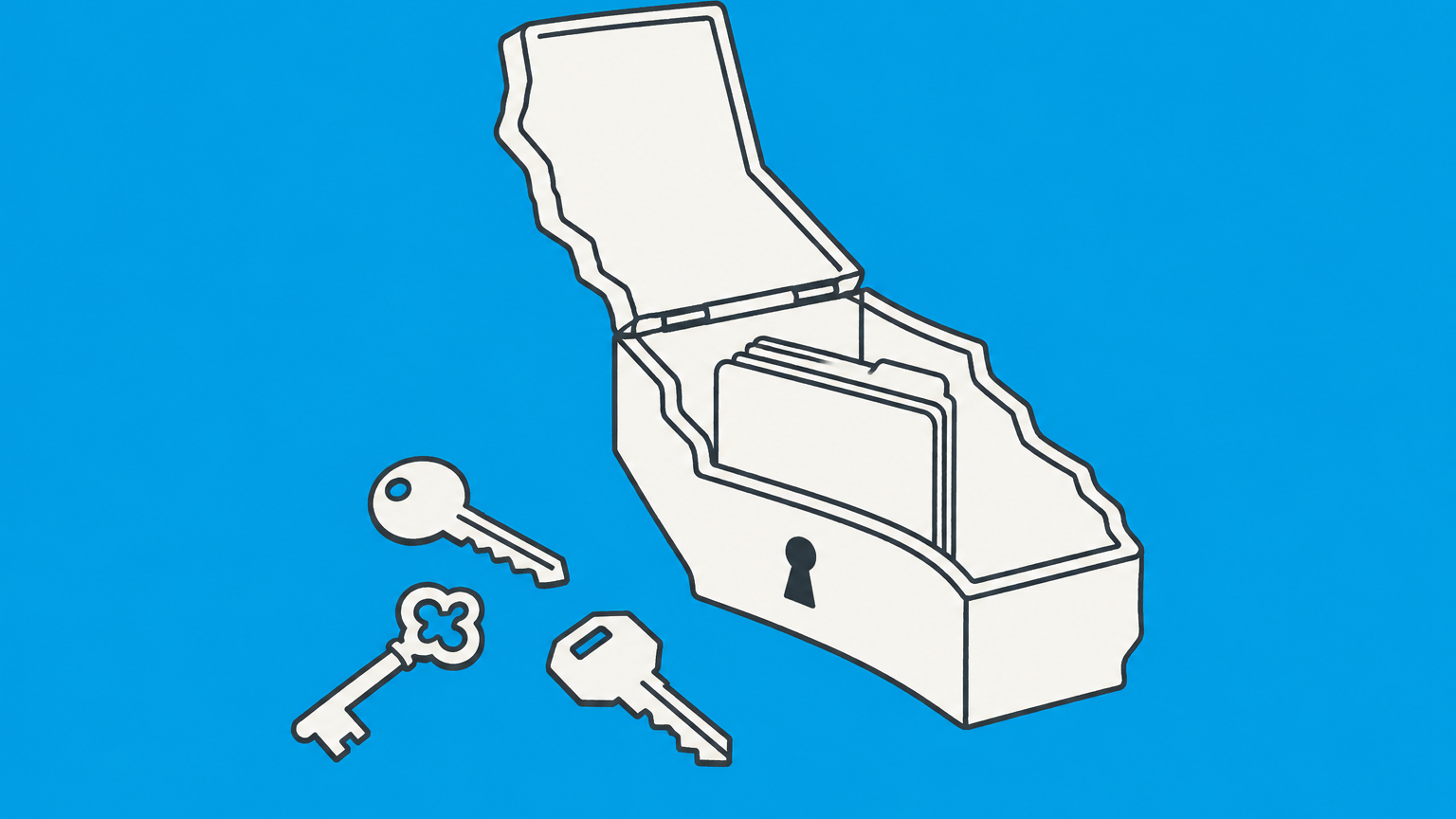 Flat illustration of three keys opening a California-shaped lockbox containing a document folder for multi-member LLC formation.
