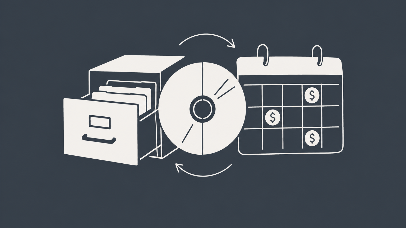 Flat illustration of a software disc divided between an asset drawer and recurring payments to represent perpetual software license accounting.