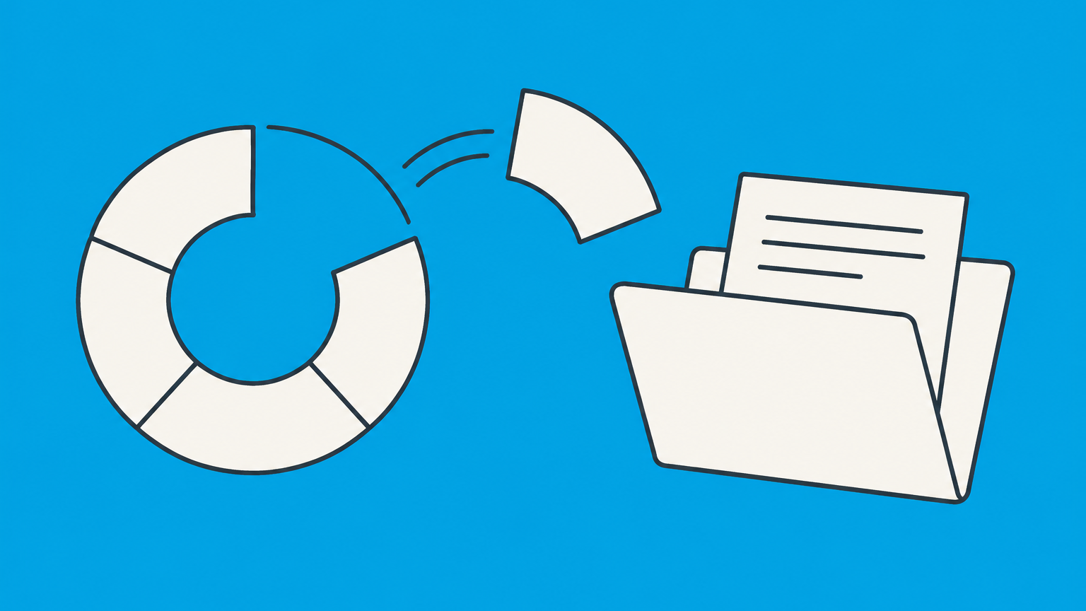 Flat illustration of a segmented ownership token transferring one piece into a contract folder to represent selling shares in an LLC.