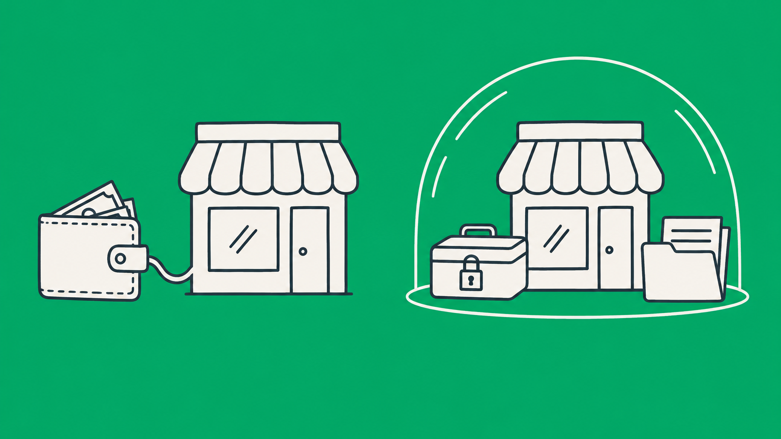 Flat illustration of two storefront models showing the difference between a sole proprietor and an LLC through personal versus separated business assets.