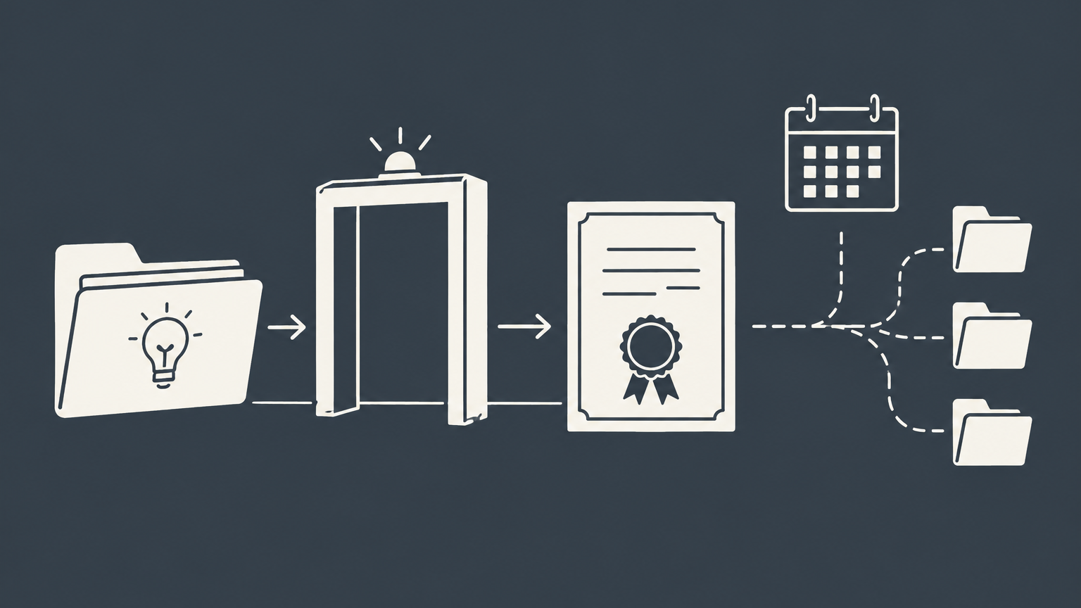 Flat illustration of a patent application folder passing an approval checkpoint toward issuance, representing a USPTO Notice of Allowance and its next steps.
