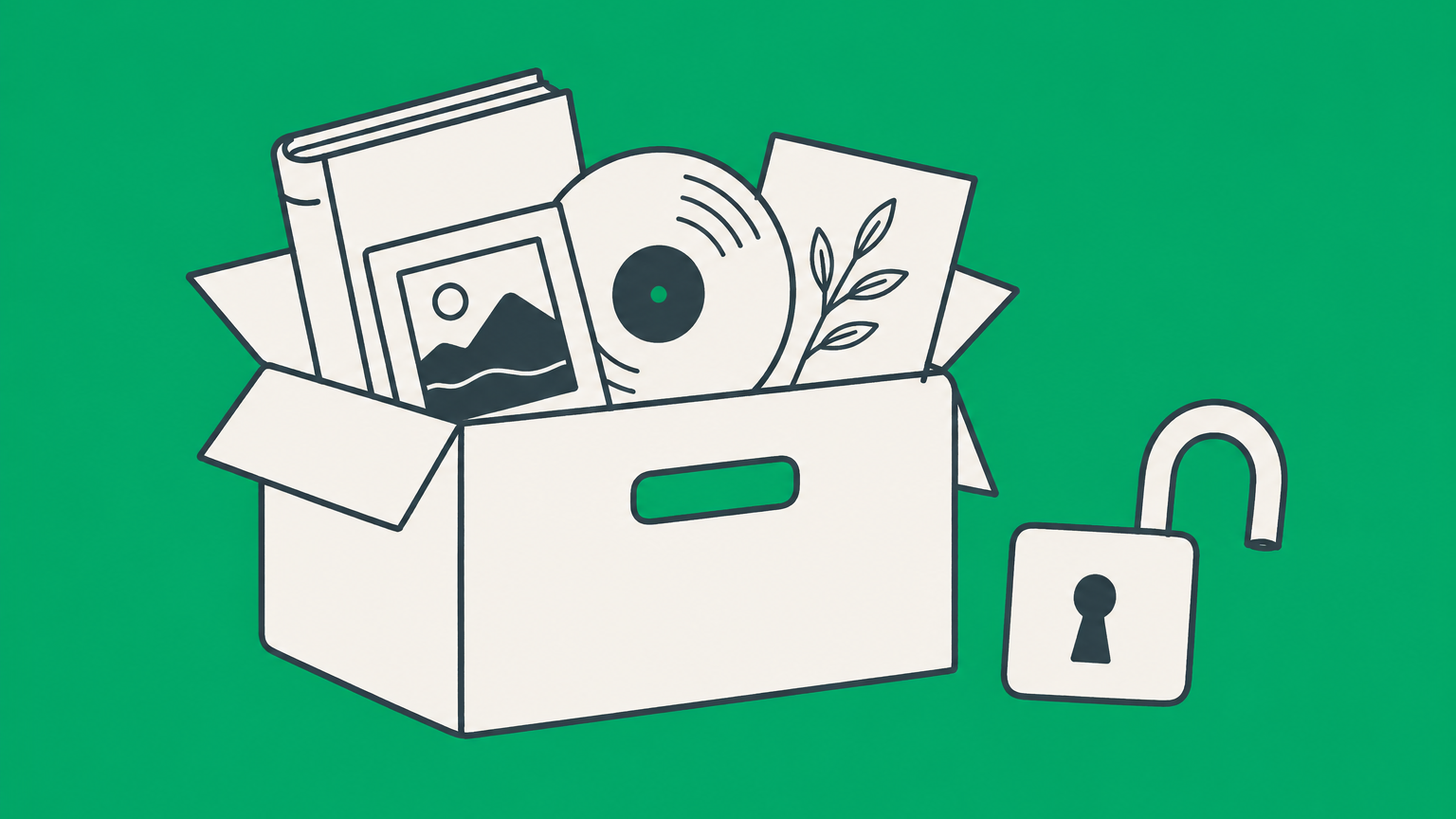 Flat illustration of an open archive box of creative works beside an unlocked padlock representing the public domain.