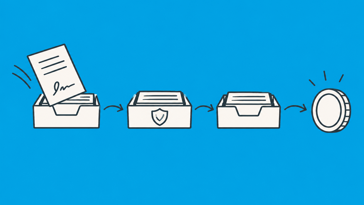 Flat illustration of a paper instrument moving through connected trays toward payment, representing transfer and enforcement under UCC Article 3.