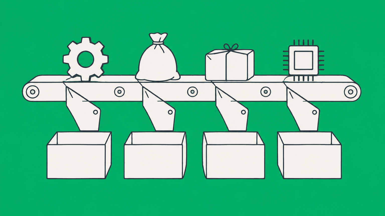 Flat illustration of a conveyor sorting different objects into compartments to represent the classification of goods in business law.