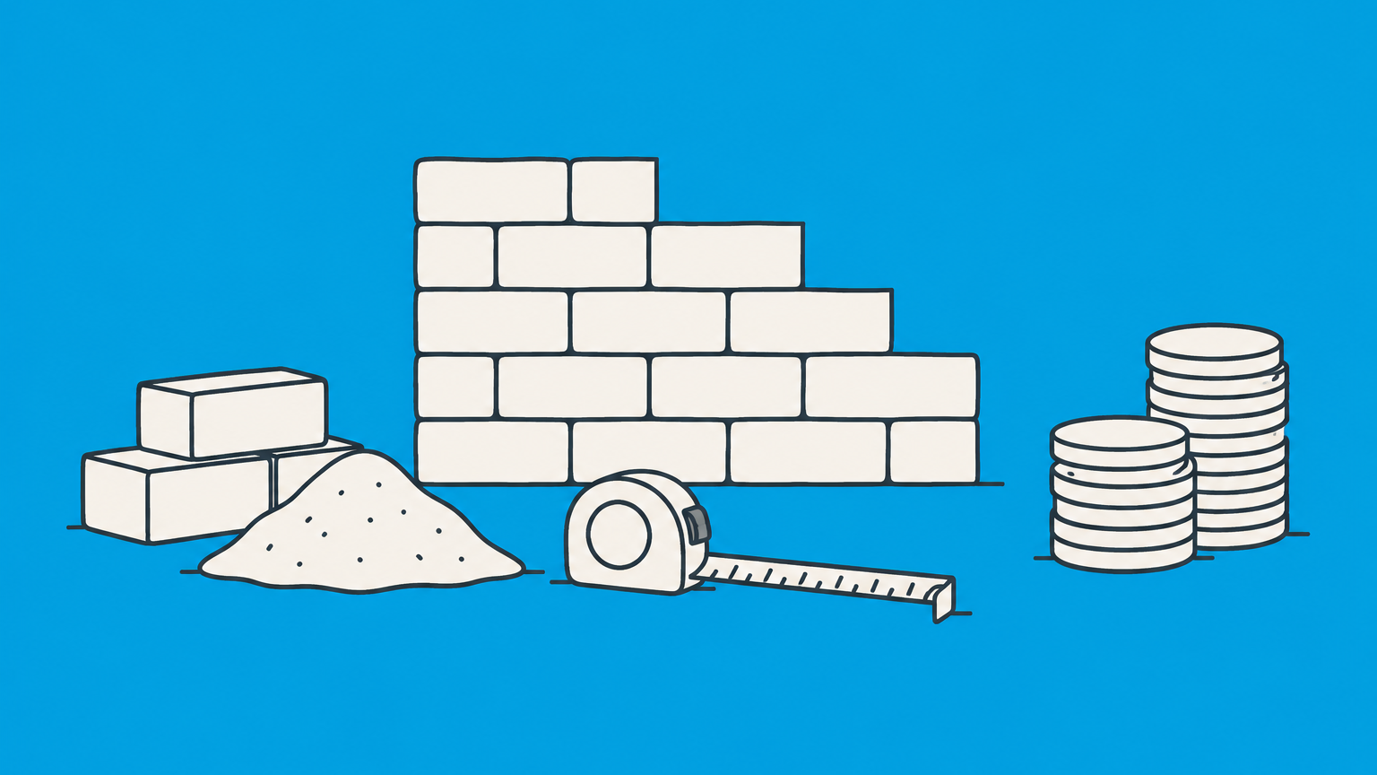 Flat illustration of a partially built wall, measured materials, and coins representing reasonable compensation under quantum meruit.