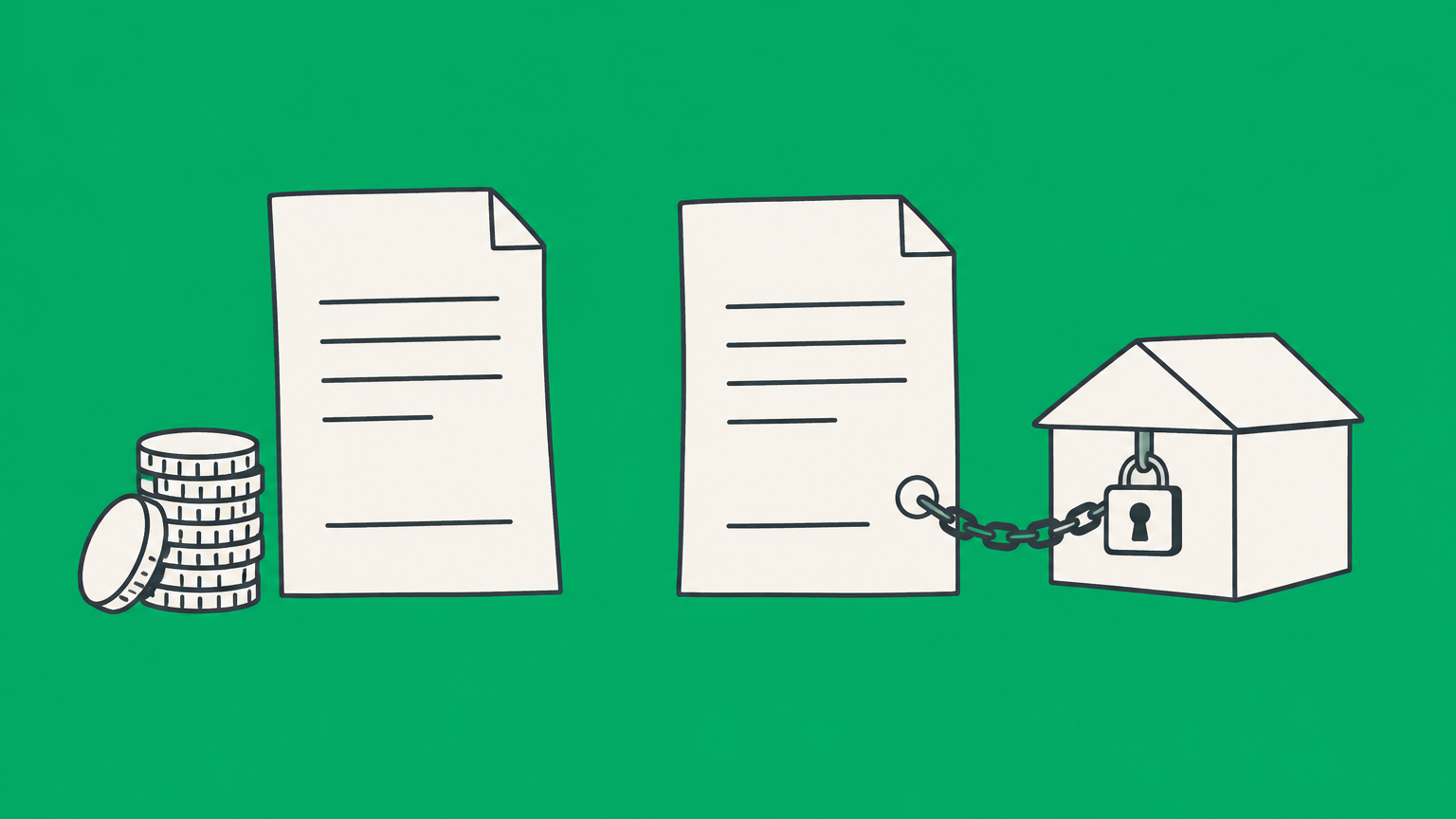 Flat illustration of two loan documents, one connected to locked collateral and one unsecured, representing California promissory notes.