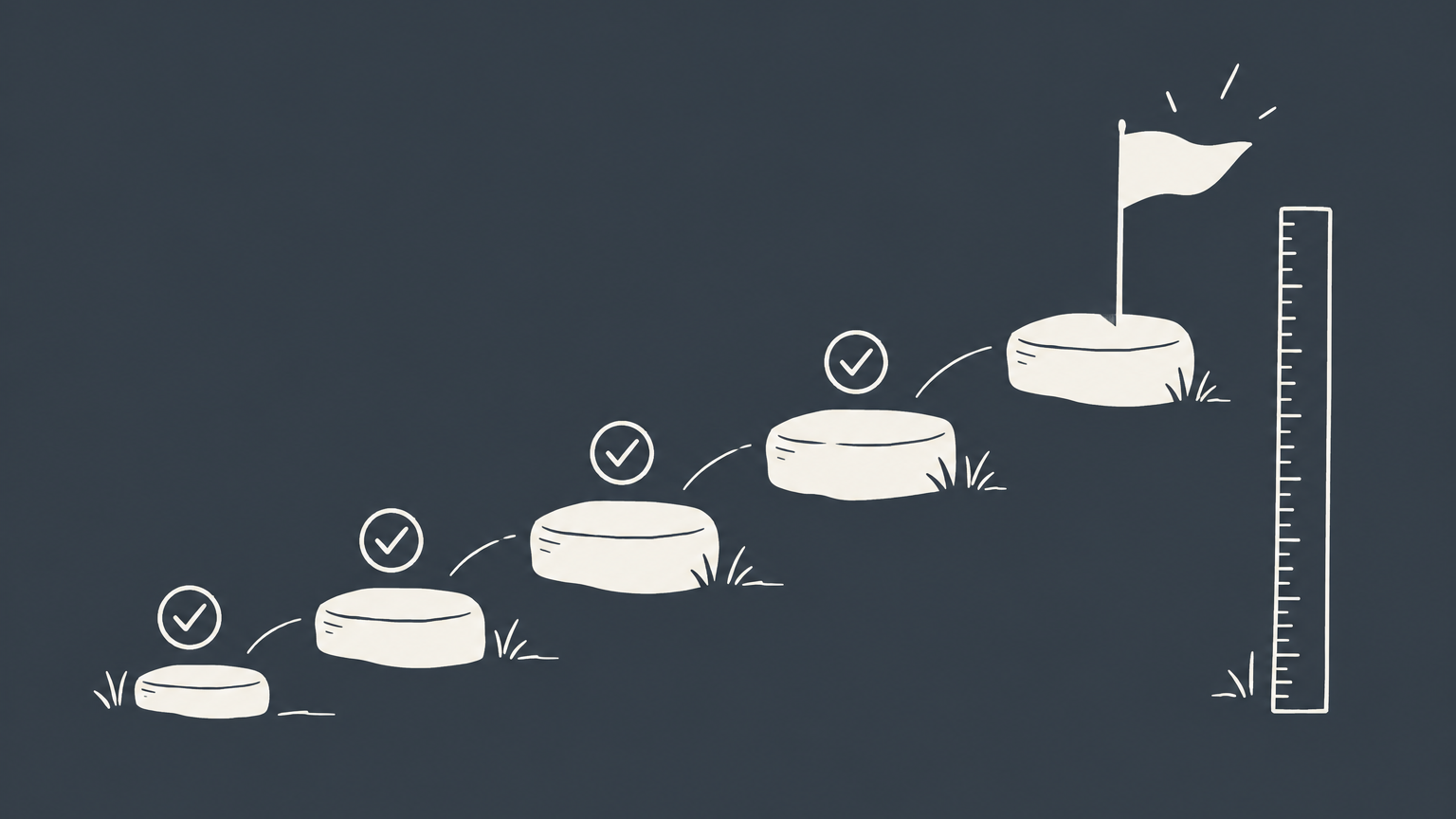 Flat illustration of measured stepping stones leading to a flag to represent employee performance goals.
