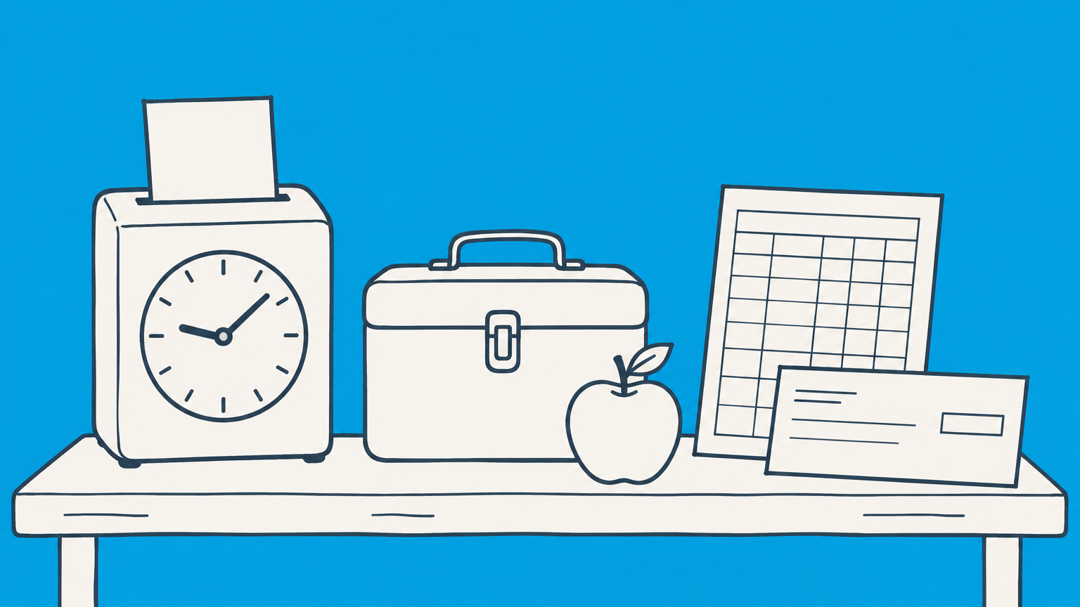 Flat illustration of a time clock, lunchbox, timesheet, and paycheck representing Kentucky labor laws.
