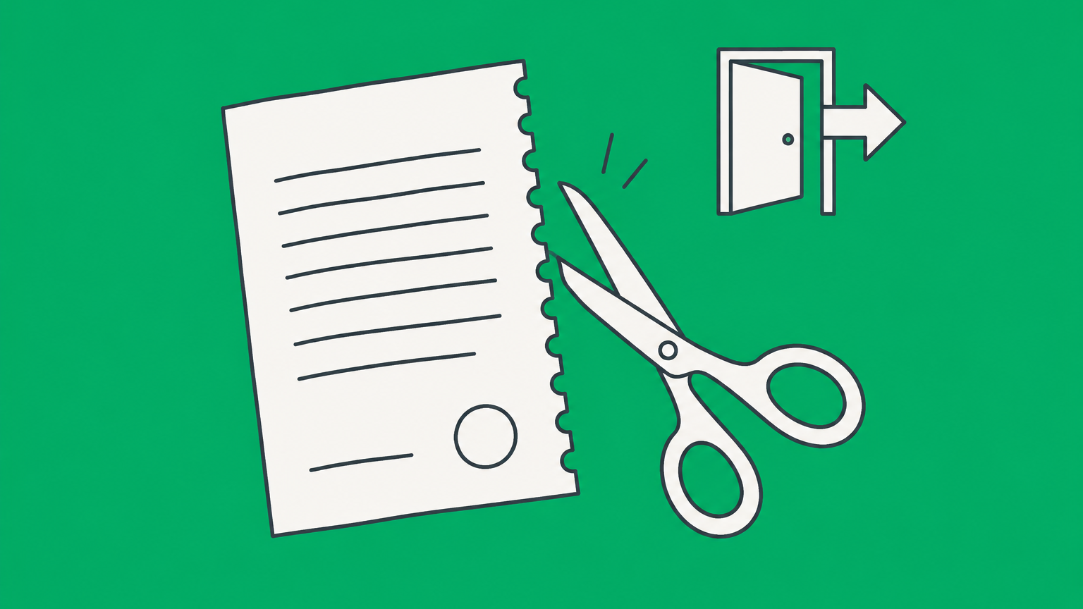 Flat illustration of a contract page moving through an open chain-link gate to represent how to break a contract legally.