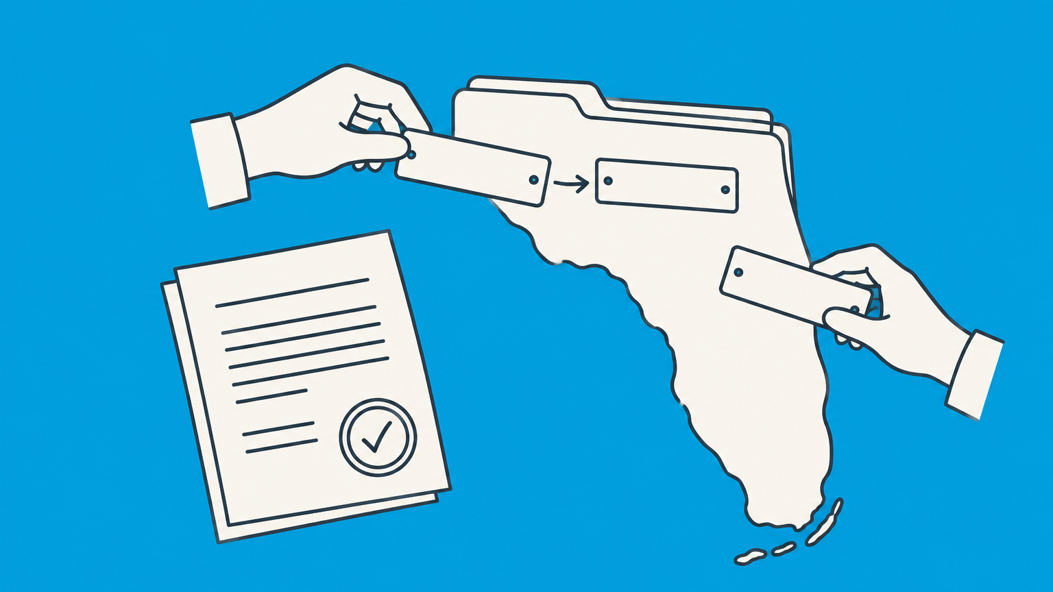 Flat illustration of a Florida-shaped filing folder receiving a replacement nameplate to represent changing an LLC name in Florida.