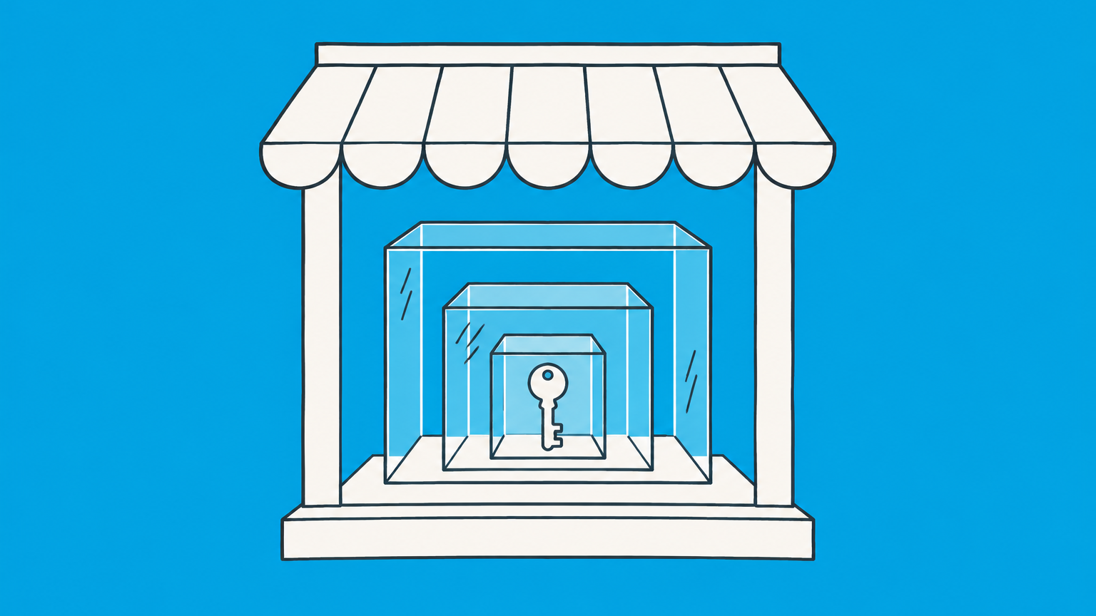 Flat illustration of a storefront shell with nested transparent boxes and a hidden key representing a dummy corporation.