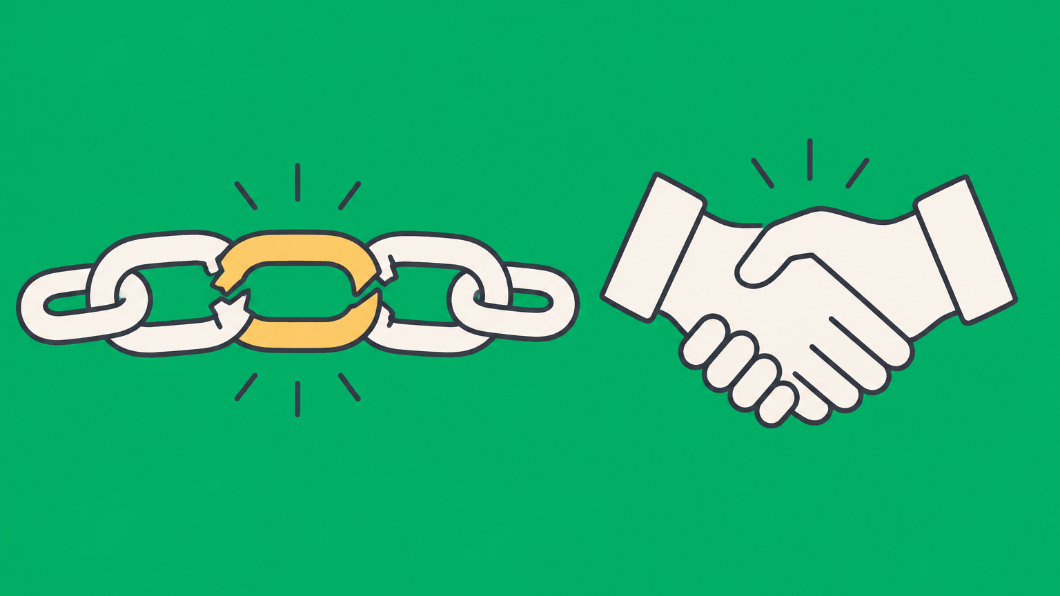 Flat illustration of a broken chain repaired with a replacement link to represent an accord in contract law.