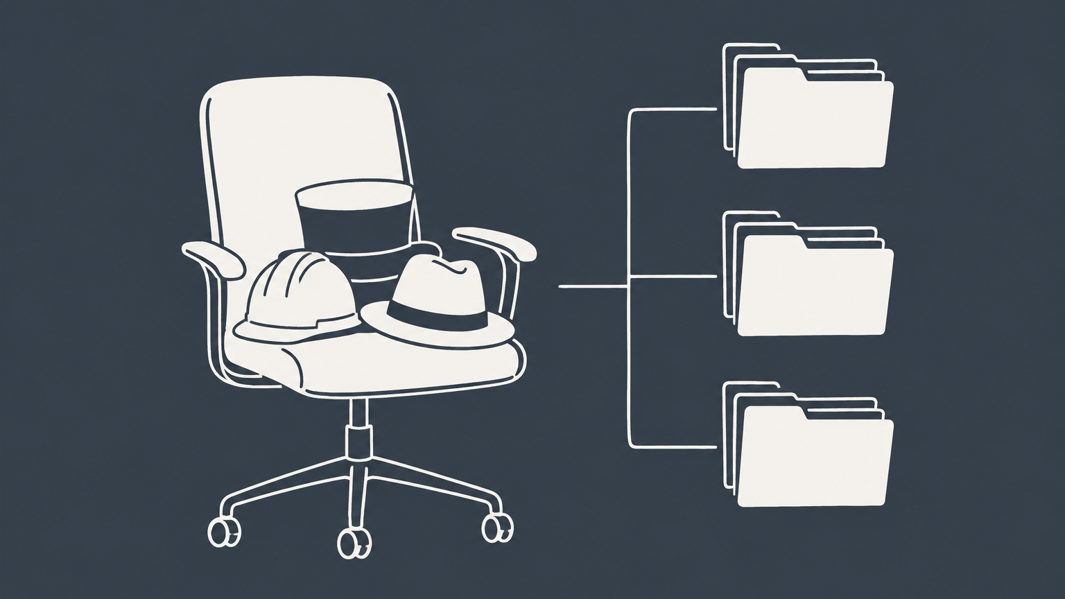 Flat illustration of one office chair holding multiple hats beside branching folders to represent S corp titles and management roles.