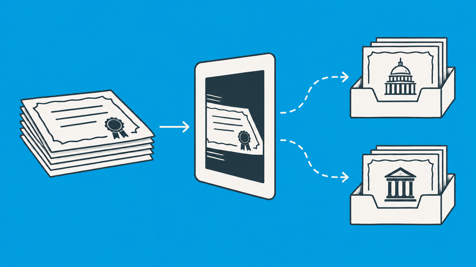 Flat illustration of securities certificates passing through a digital filing portal into federal and state trays for Form D filing.