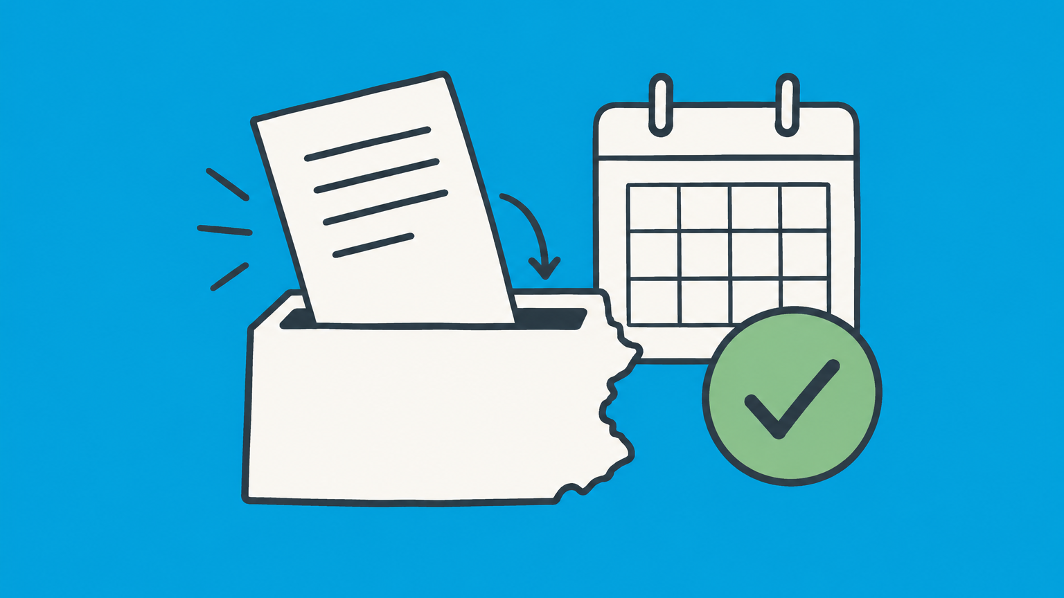 Flat illustration of a document entering an Illinois-shaped filing tray beside a calendar and checkmark for Illinois annual report filing.