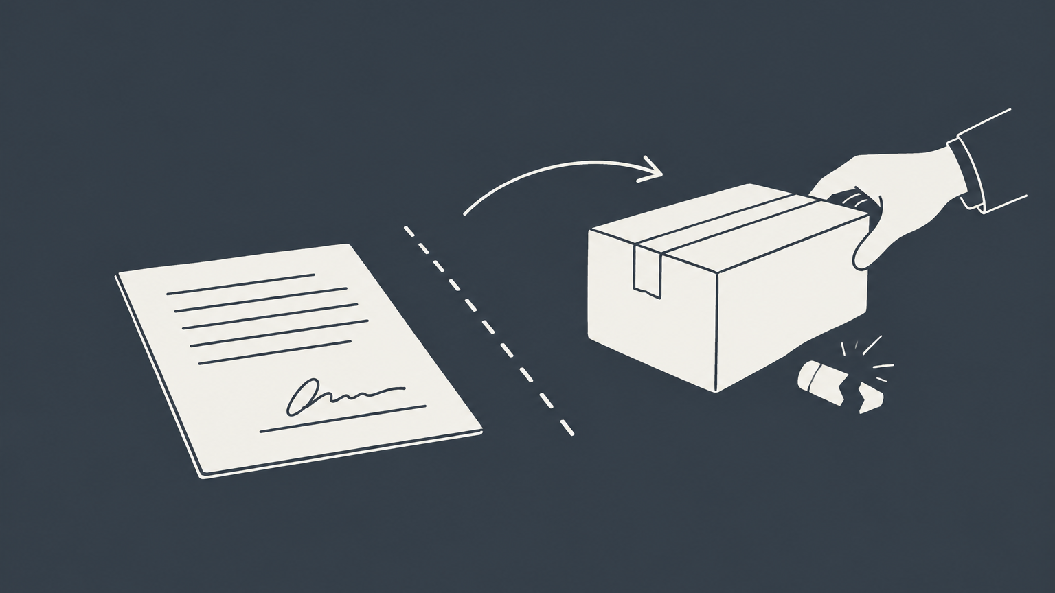Flat illustration of a package being pulled back from a signed document to represent revocation meaning in law and revocation of acceptance.