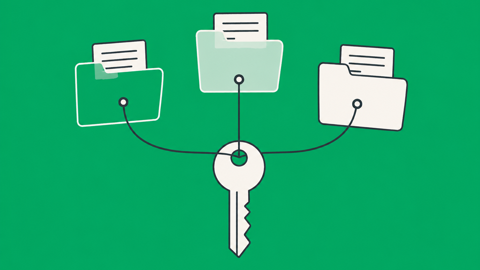 Flat illustration of three transparent, frosted, and opaque contract folders connected to a key, representing disclosed, partially disclosed, and undisclosed principals.