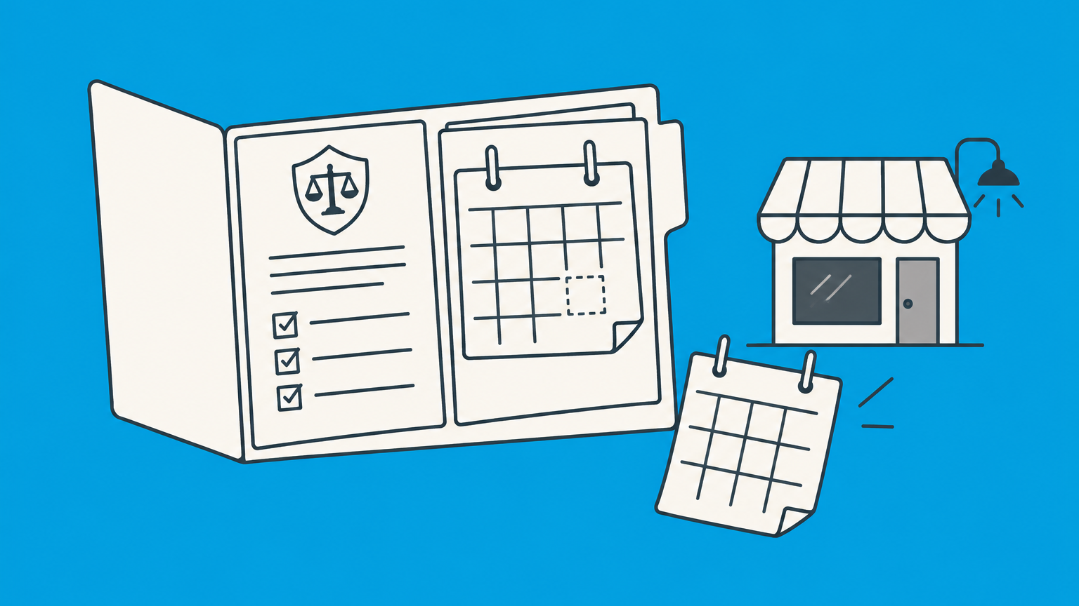 Flat illustration of a missing calendar filing beside a dimmed business switch, representing admin dissolution for annual report failure.