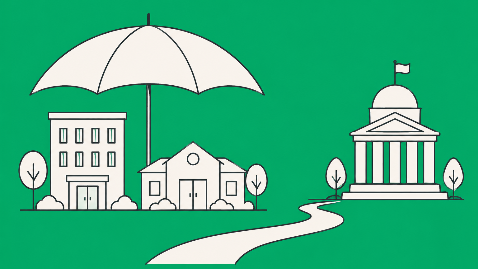 Flat illustration of an office building and community center beneath one umbrella, separated from a government building, representing private organizations.