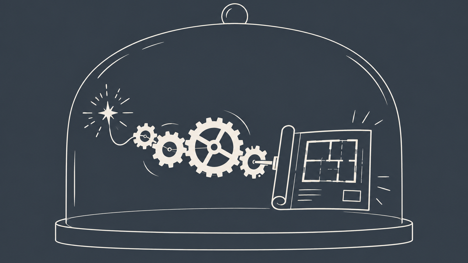 Flat illustration of interlocking gears turning a spark into a protected blueprint to represent patenting a service process.