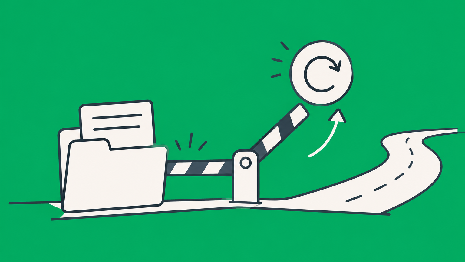 Flat illustration of a patent application folder restarting along a filing track to represent a USPTO petition to revive an abandoned patent application.