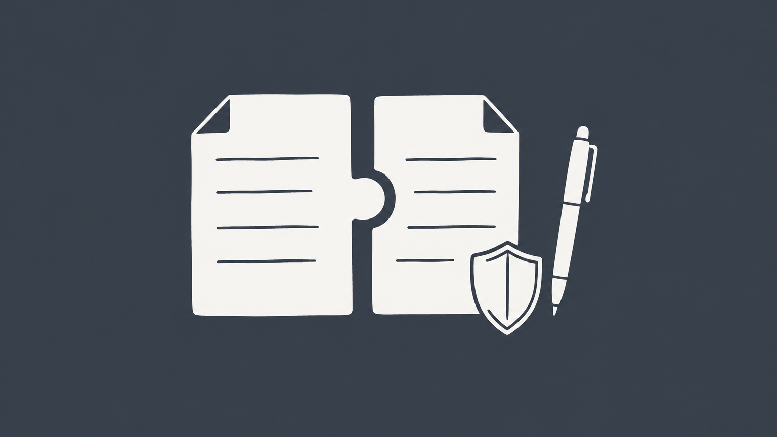 Flat illustration of two interlocking document sheets, a pen, and a shield representing a general contract.