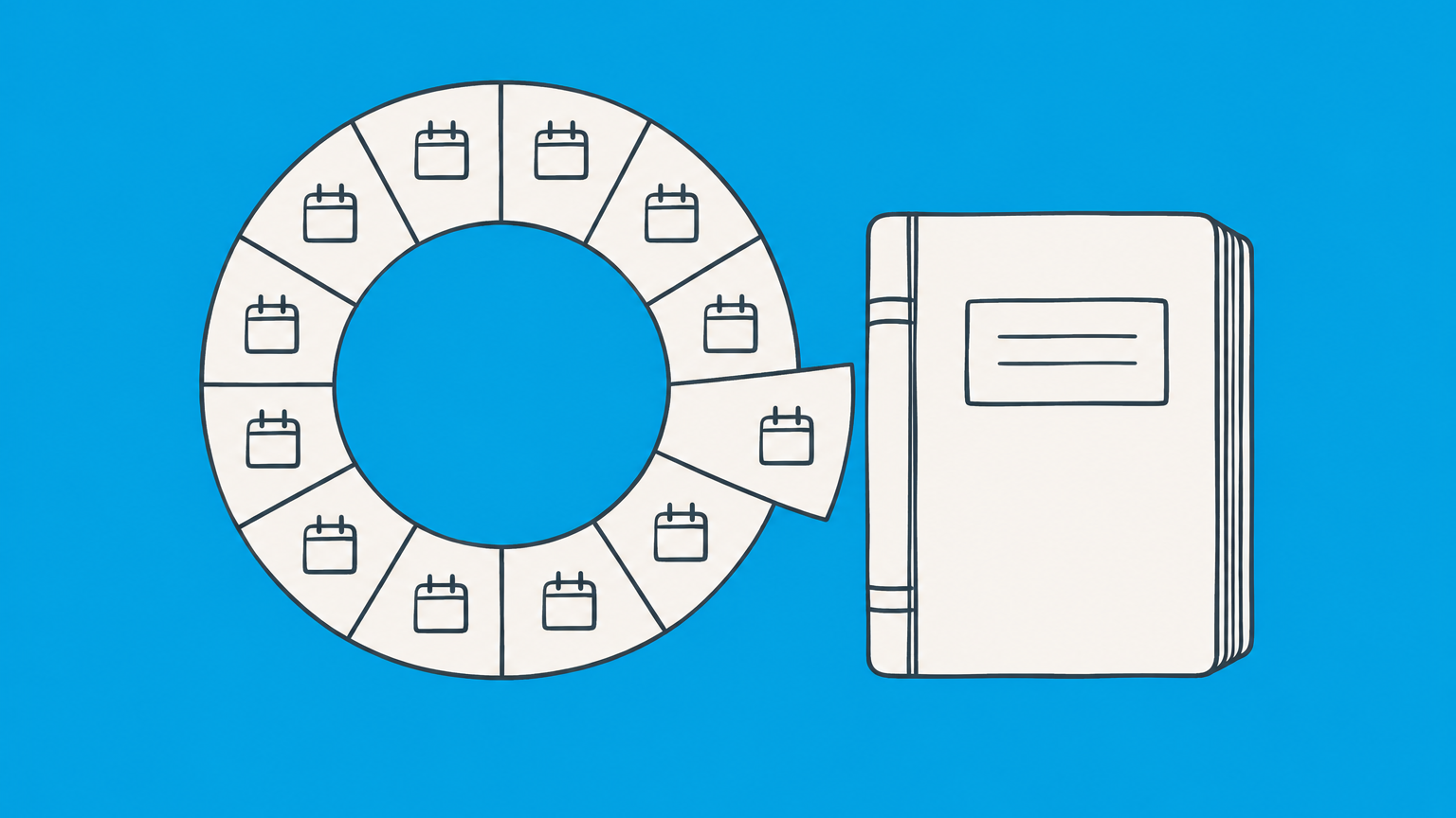 Flat illustration of a twelve-segment calendar wheel ending beside a closed ledger to represent the last month of an LLC fiscal year.