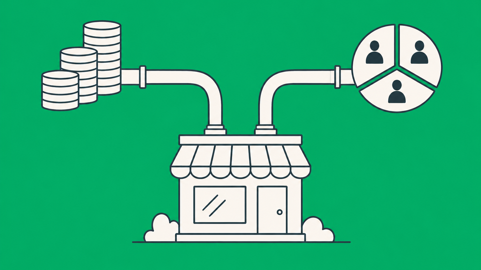 Flat illustration of a business supplied by debt and equity channels representing capital funding.