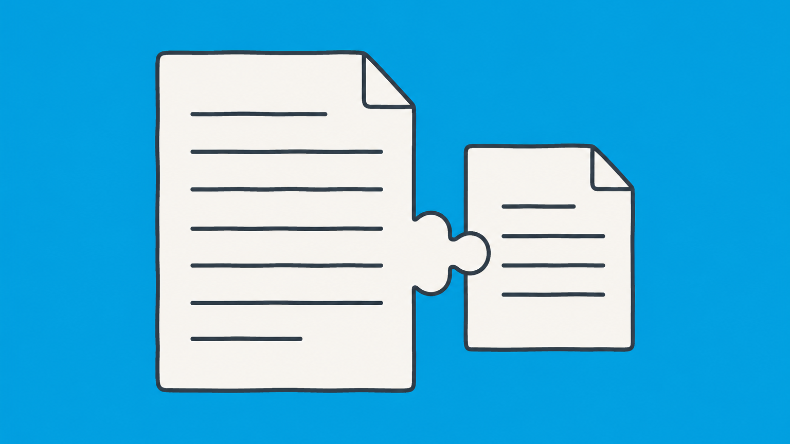 Flat illustration of a main contract sheet connected to a smaller separate agreement to represent a collateral contract.