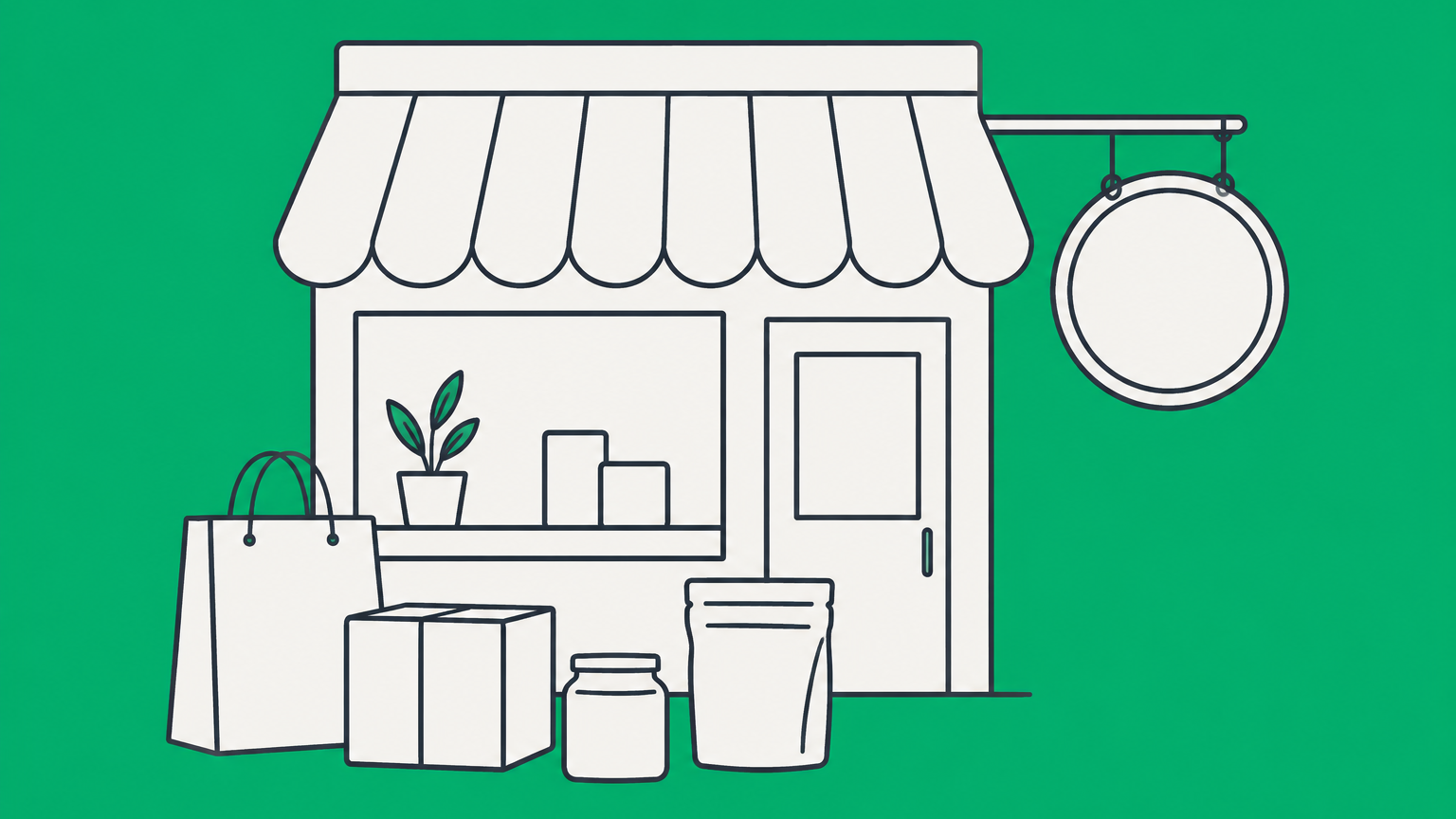Flat illustration of a storefront, a shop sign, and distinct product packages representing the difference between a trade name and brand names.