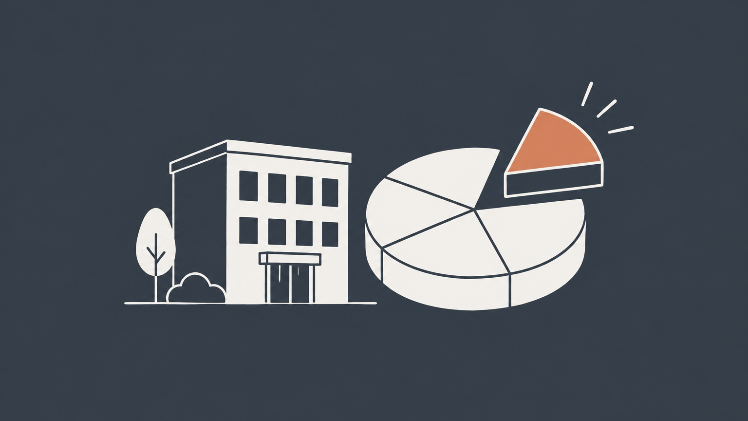 Flat illustration of a segmented ownership token beside an office building representing equity interest in a company.
