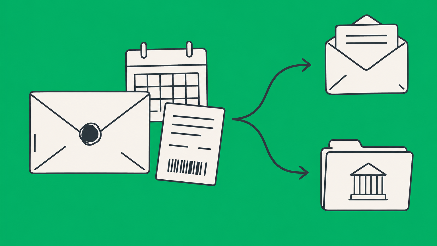 Flat illustration of a sealed envelope, calendar, delivery receipt, and response path representing notice meaning in law.