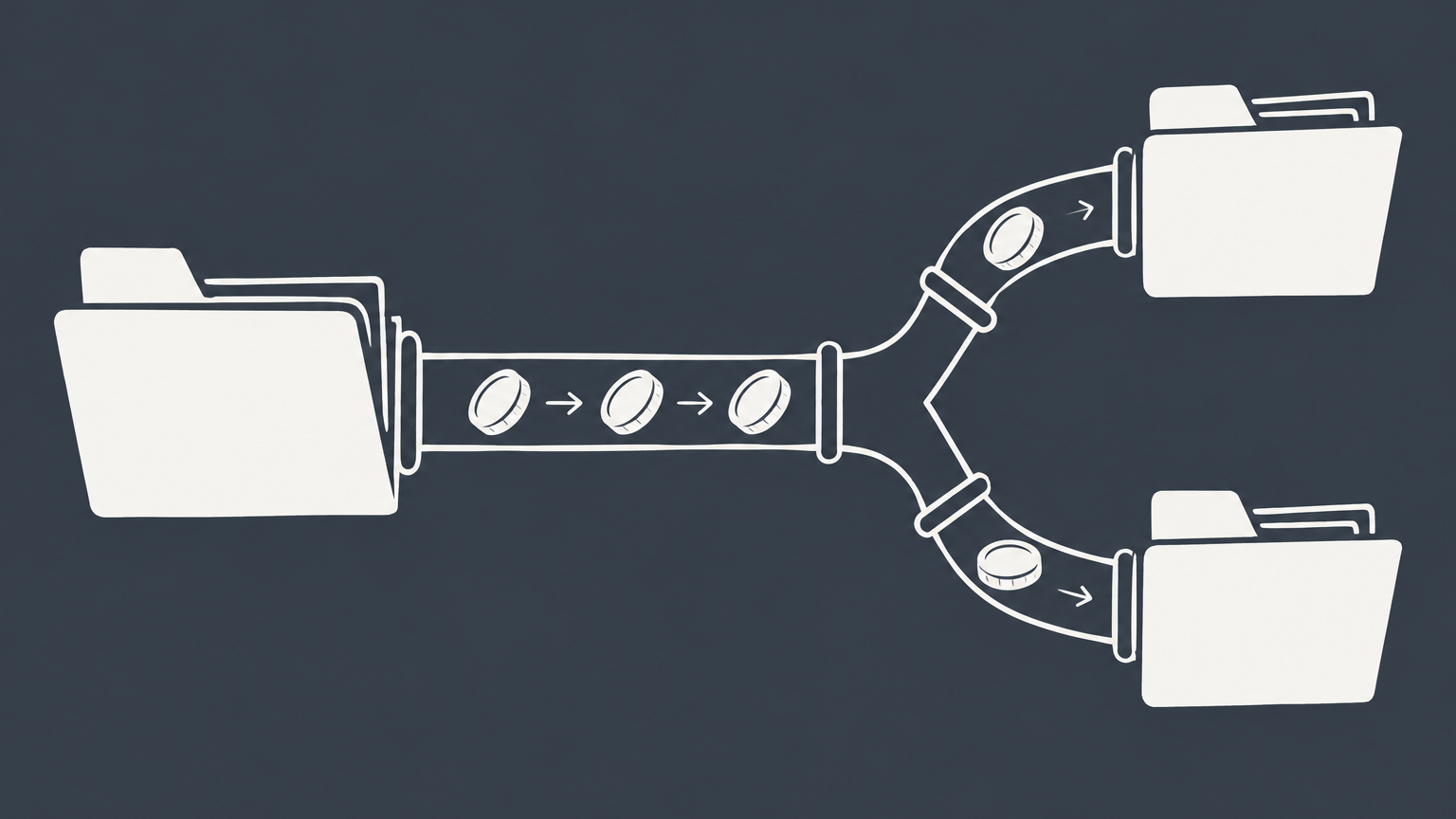 Flat illustration of a business folder distributing coins through branching pipes into partner folders to represent limited partnership taxation.