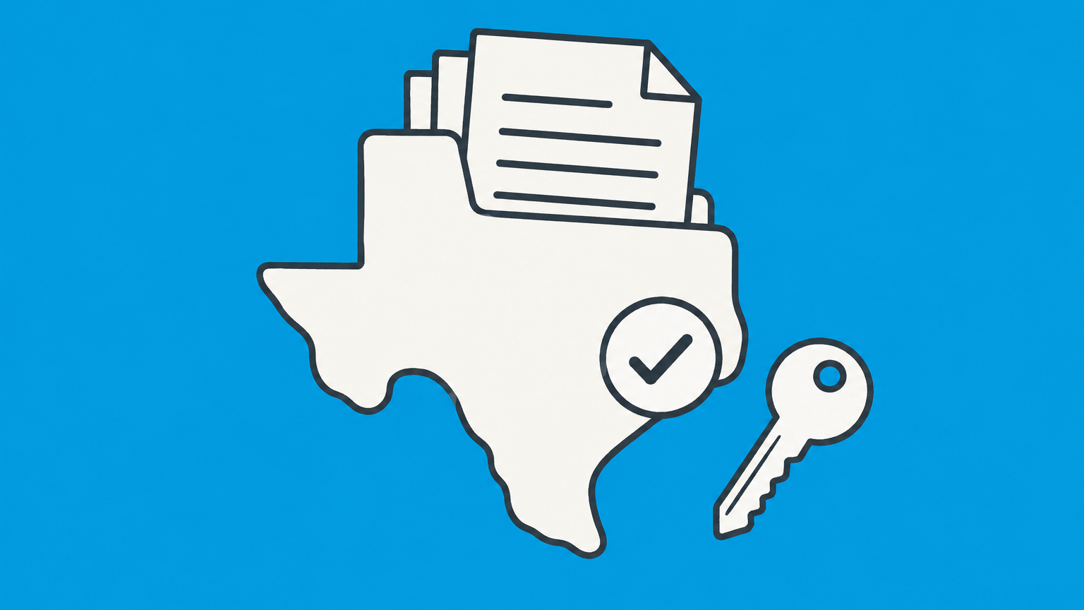 Flat illustration of a Texas-shaped document folder, formation papers, and a key representing how to form an LLC in Texas.