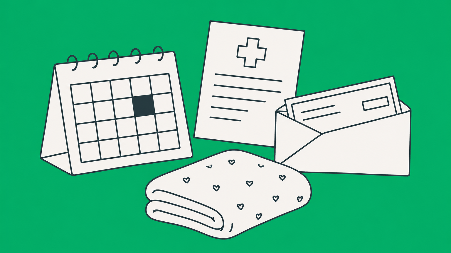 Flat illustration of a calendar, medical note, partial paycheck envelope, and baby blanket representing short-term disability for maternity leave.
