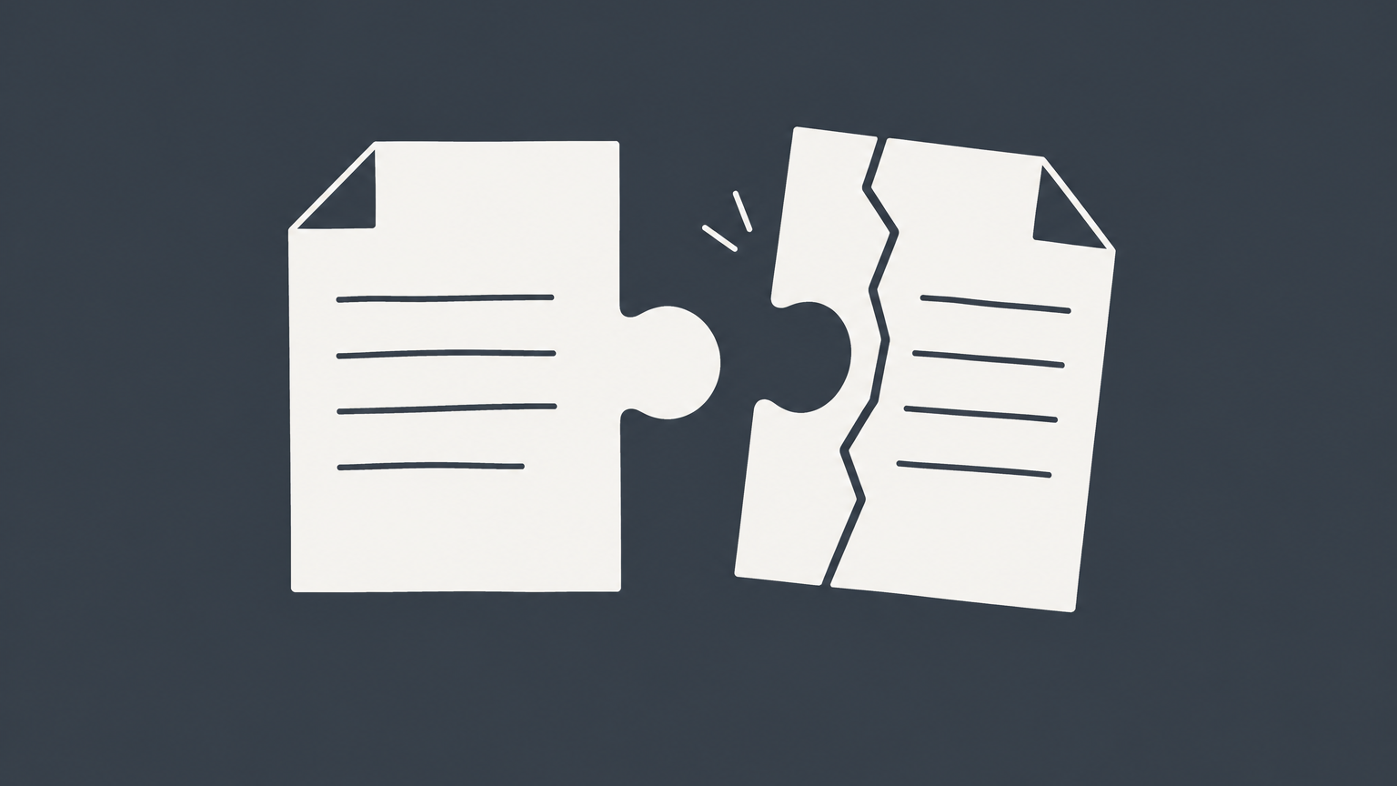 Flat illustration of two document-shaped puzzle pieces, one cracked and misaligned, representing an invalid contract.