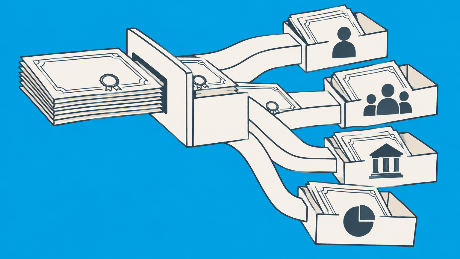 Flat illustration of share certificates sorted into overlapping compartments representing different types of stockholders.