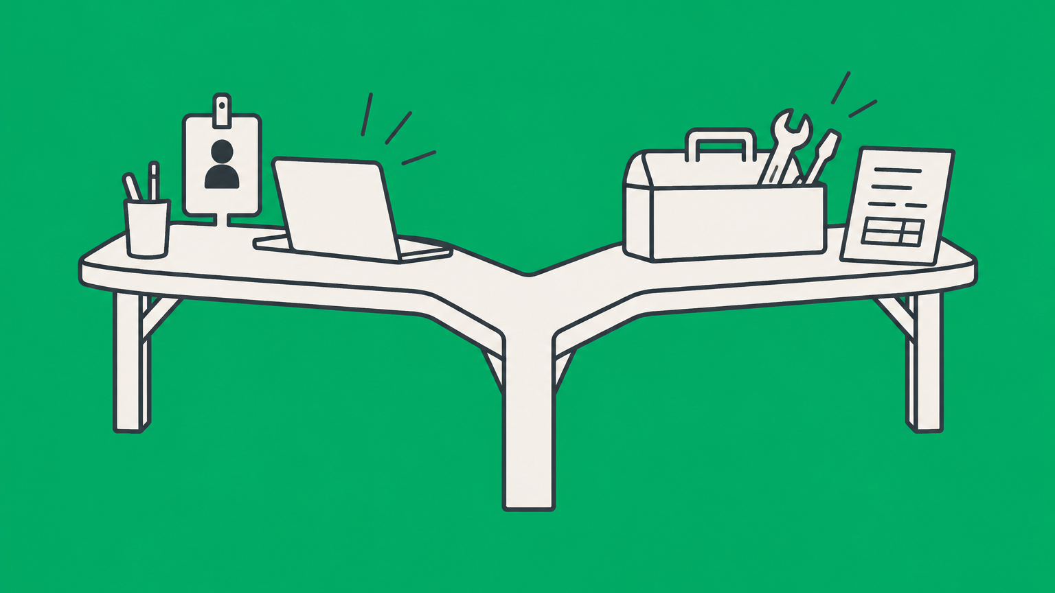 Flat illustration of a forked workbench separating an office badge from an independent toolbox to represent contractor vs employee classification.