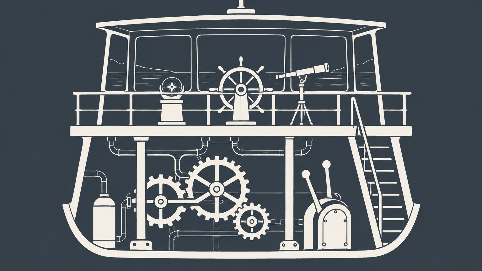 Flat illustration of a two-level ship control room representing the strategic and operational roles in a CEO vs president comparison.