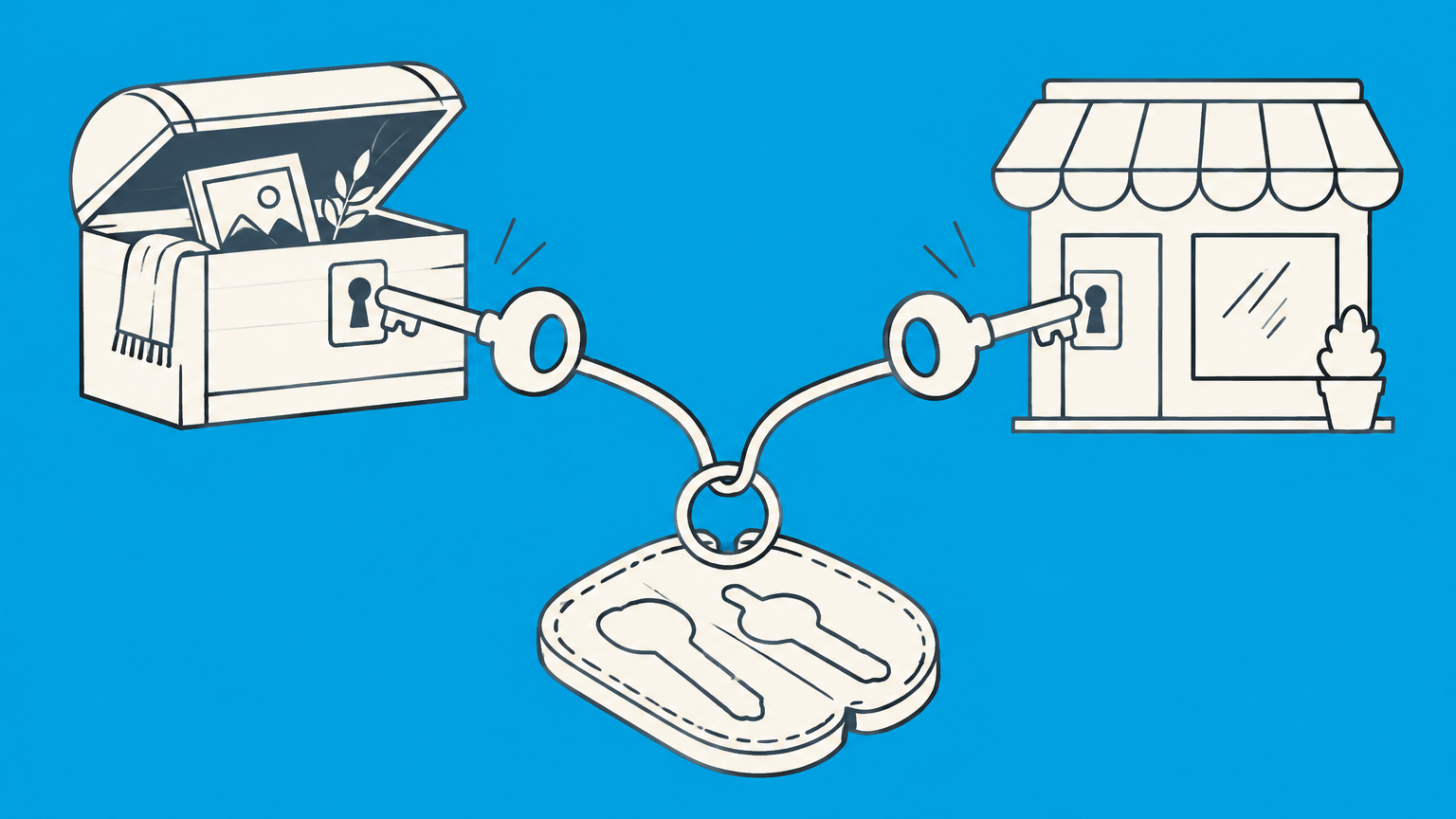 Flat illustration of a branching keyring connecting a keepsake chest and storefront inside a protective case to represent a trust vs LLC comparison.