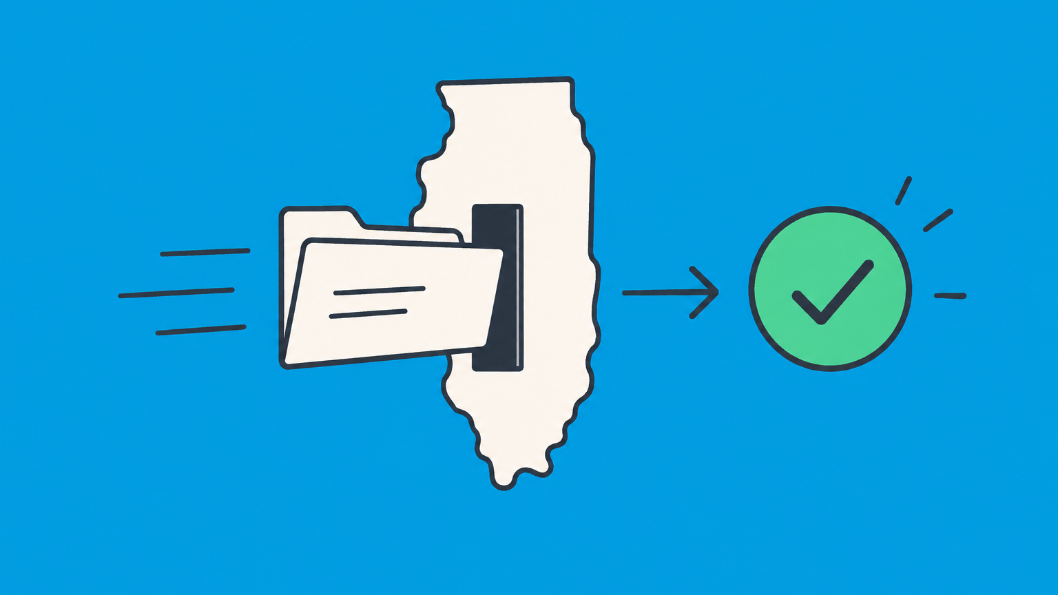 Flat illustration of a business folder entering a Connecticut-shaped filing slot for a CT Secretary of State annual report.
