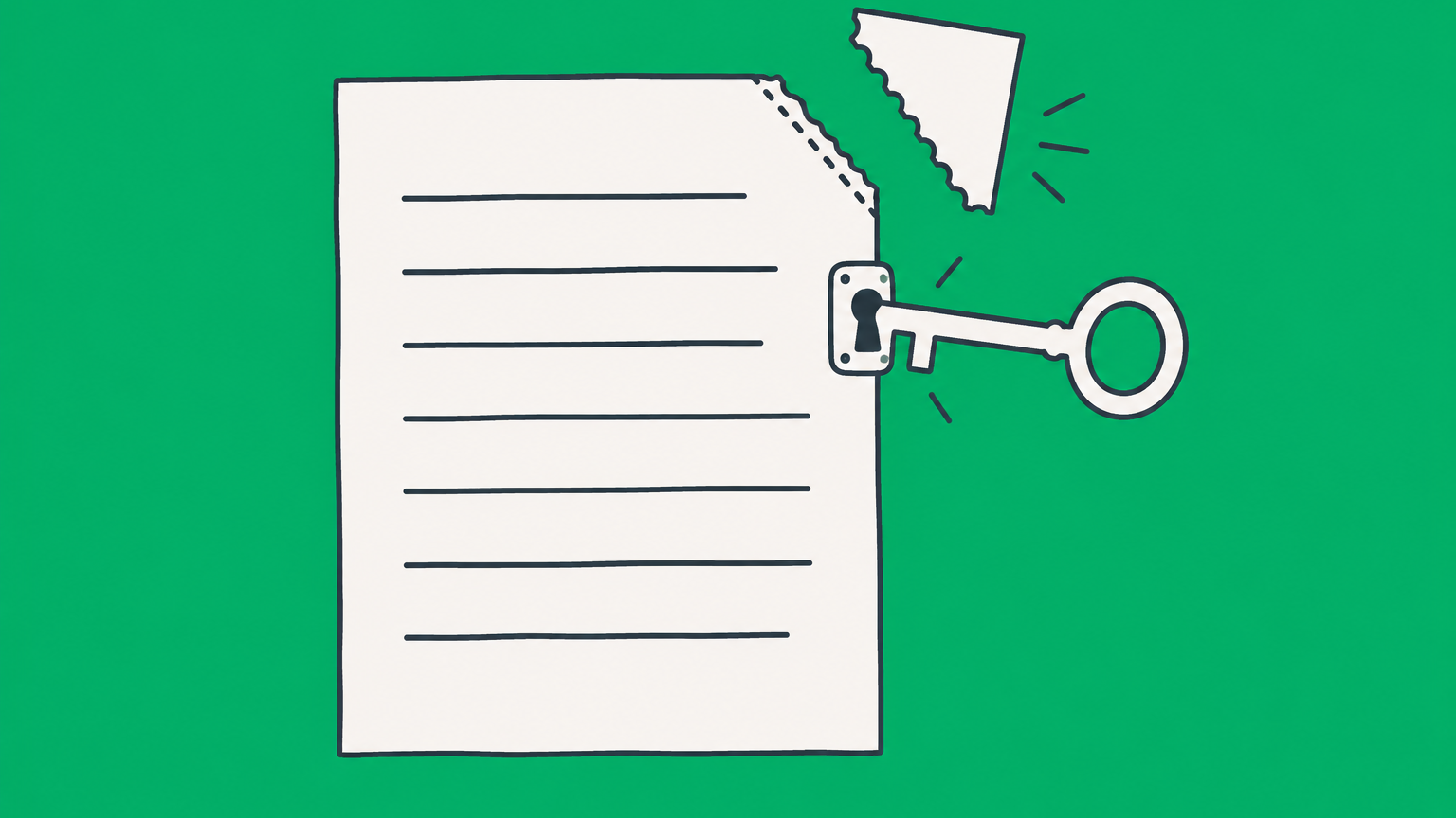 Flat illustration of a contract sheet with a detachable corner and an unlocking key representing release clause meaning.