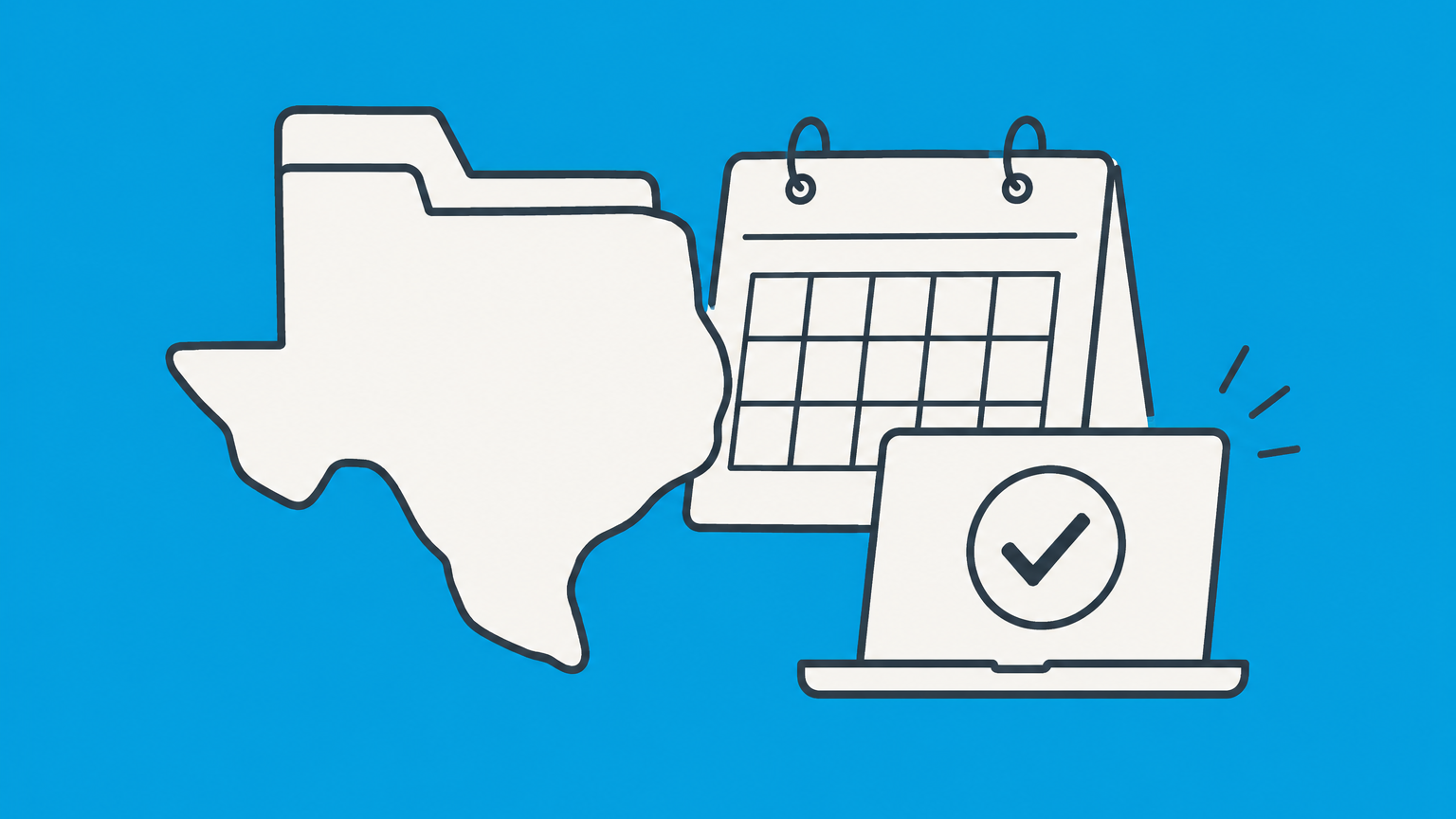 Flat illustration of a Texas-shaped file folder, calendar, and online submission checkmark representing Texas LLC annual report compliance.
